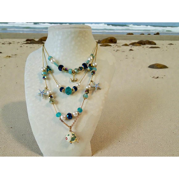 Retired Betsy Johnson Ocean Themed Puffer Fish Layered Necklace Gold Tone - Picture 2 of 6